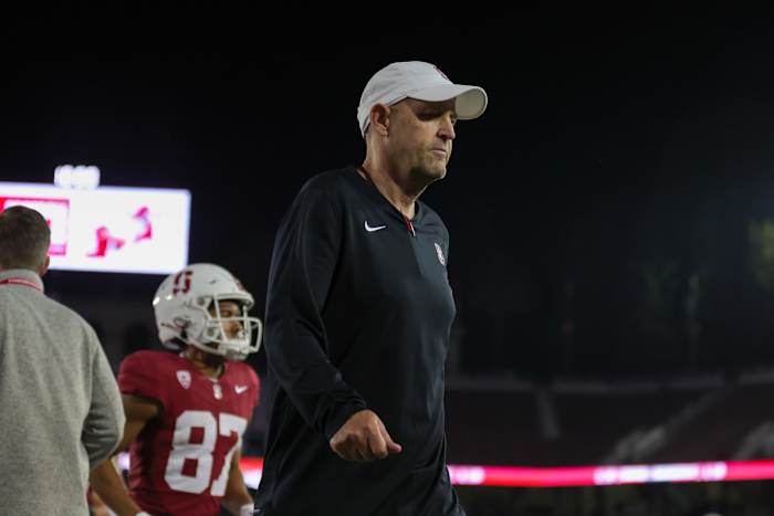 Sep 16, 2023; Stanford, California, USA; Stanford Cardinal head coach Troy Taylor walks off the field after the game against the Sacramento State Hornets at Stanford Stadium. Mandatory Credit: Sergio Estrada-USA TODAY Sports